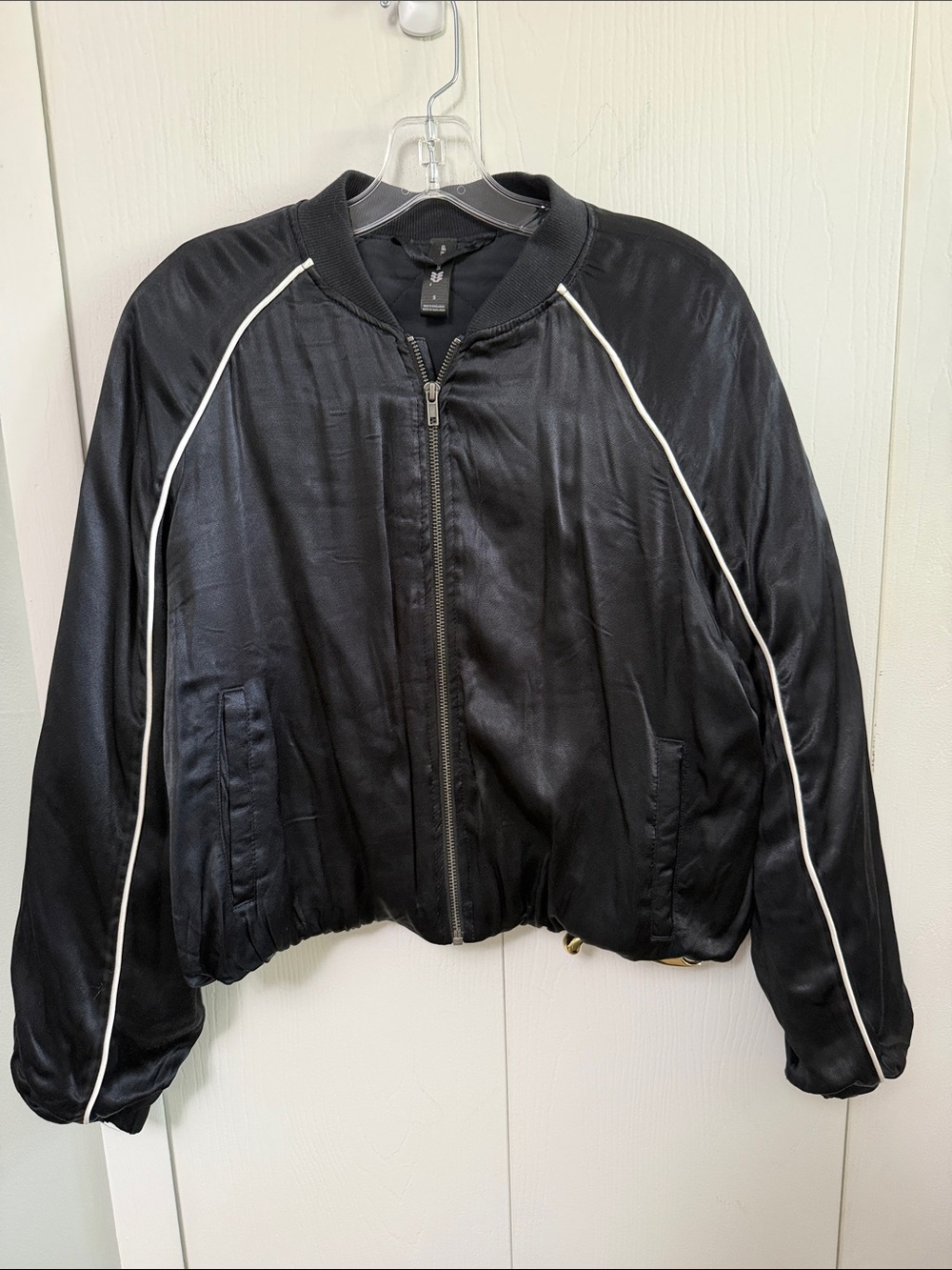 all in motion Black Bomber Jacket with White Piping Accents